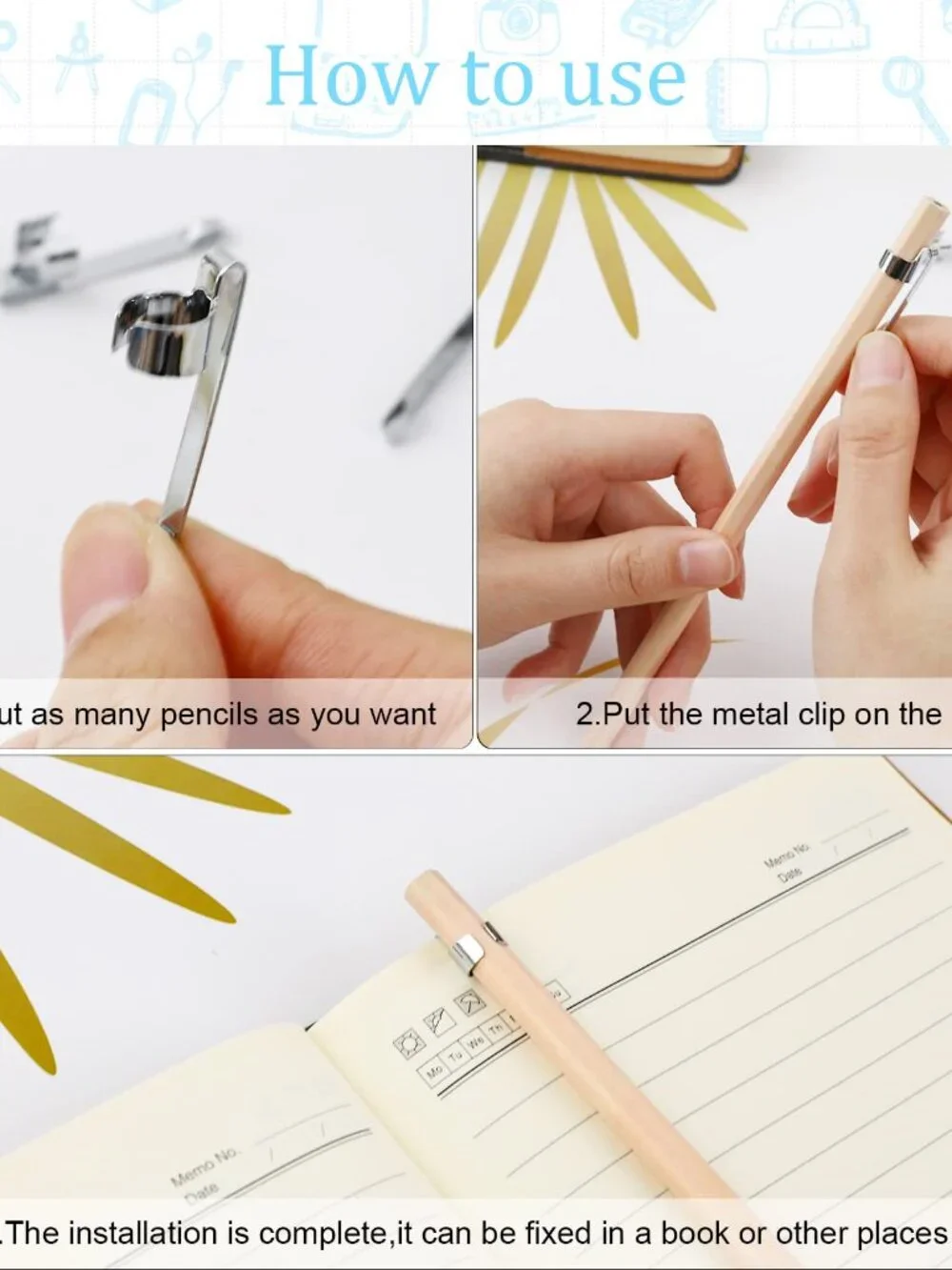 20 Pieces Metal Pen Clips Pencil Holder Clip Snap in Pencil Clips Slide on Penci